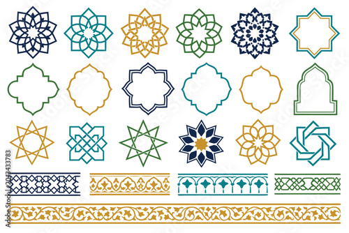 Ornate Set of 20 Isolated Assets of Islamic Geometric Patterns and Frames with Intricate Stars and Arabesque Motifs in Flat Vector Style for Cultural Religion and Traditional Artistic Design