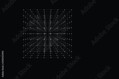 Cuadro en lienzo Wireframe grid with white dots receding into infinite black space abstract point