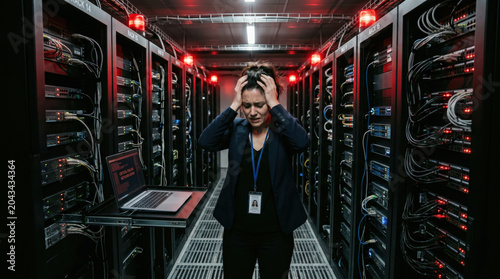 Stressed female IT manager server room data center network rack stressed female IT manager clutching her head server room  surrounded by network rack and cables  showing pressure and anxiety