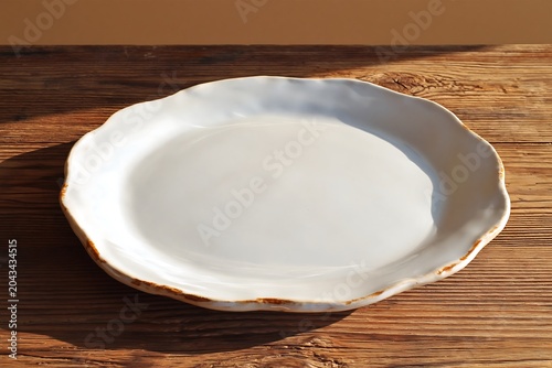 White plate with uneven organic edge (handmade style), on a dark wood table, warm soft light, artisanal modern