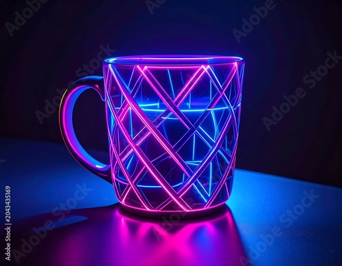 Glowing Neon Mug with Geometric Light Pattern on Dark Tabletop