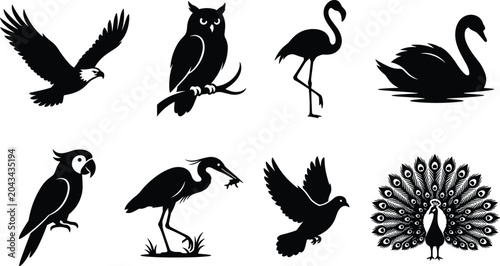 Foto Bird silhouettes vector set featuring eagle owl flamingo swan parrot heron dove