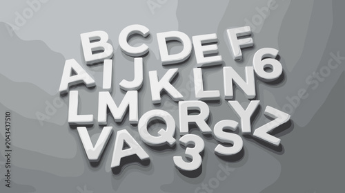 Letters and numbers are arranged on a gray surface.