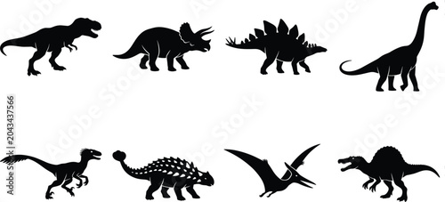 Cuadro en lienzo Dinosaur black silhouette vector set featuring tyrannosaurus rex triceratops ste
