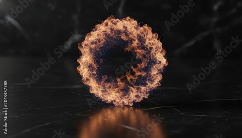 Ring of fire breathing with fuel spray burning on dark marble surface reflecting glowing orange circle for futuristic energy portal and power background concept