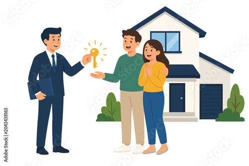 Flat vector illustration of a professional real estate agent handing a glowing golden key to a happy couple standing in front of their new home, symbolizing property ownership and investment success.