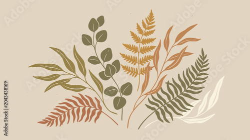 A vibrant arrangement of various leaves and ferns on a beige background