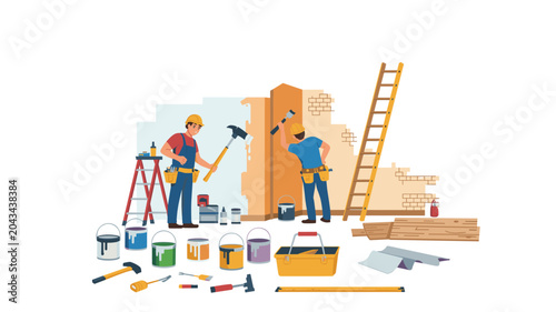 Construction workers utilize a wooden ladder and an assortment of paint buckets and hand tools to renovate an indoor wall surface in a bright room setting.