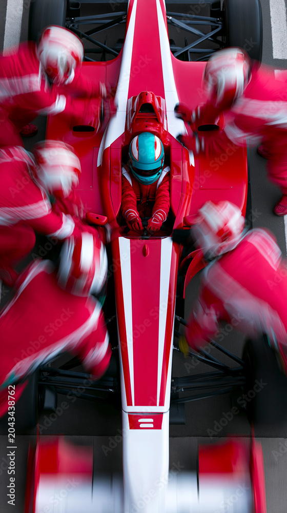 Fototapeta premium Top view of formula race car with pit crew in motion during high speed pit stop service