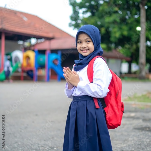 Smiling Young Schoolgirl Wearing Hijab and Red Backpack Standing in Schoolyard