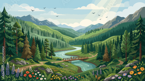 A serene, vibrant landscape illustration depicting a winding river flowing through a lush, green valley, bordered by pine-covered mountains under a clear blue sky dotted with birds