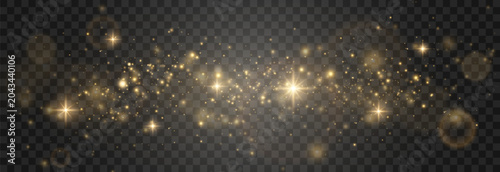 Vector magical light dust, dusty shine. Flying particles of light. Isolated on transparent png background.