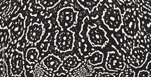Seamless Abstract Stingray Skin Texture Pattern with Organic Black and White Irregular Spots Rings and Wavy Lines