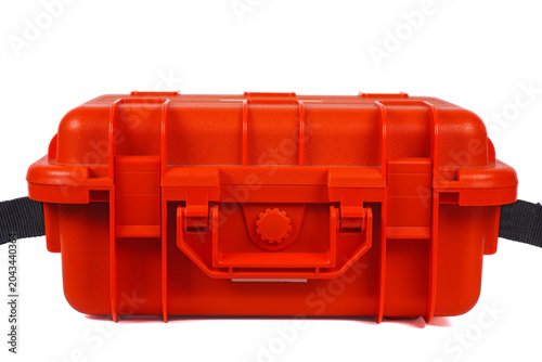Red plastic tool box isolated on white background