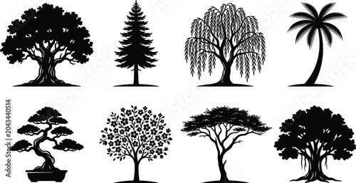 Photos Tree silhouette vector set featuring oak pine weeping willow palm bonsai bloomin