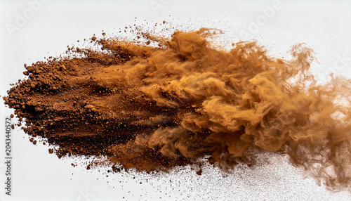 Deep coffee brown clay soil splash captured mid explosion with sharp particle detail