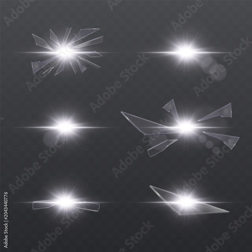 Collection of shattered glass pieces creating transparent explosion and flash effects