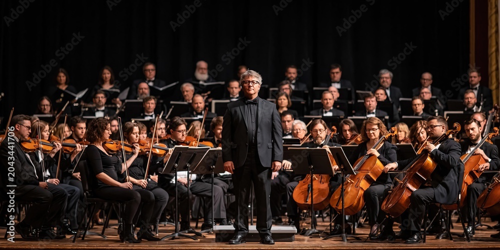 Fototapeta premium Orchestra musicians playing musical instruments with instrumental orchestral music