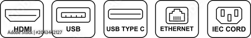 Photos Computer hardware input output port connection outline icons, line art vector il
