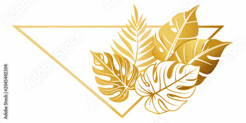 Golden tropical monstera and palm leaves triangle frame, vector