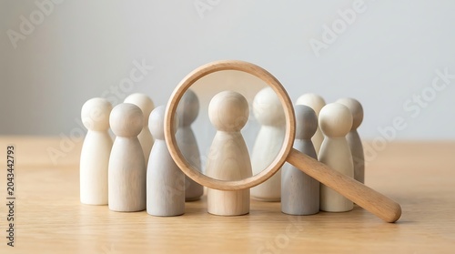 Magnifying Glass Over Wooden Figures Highlighting One Person.