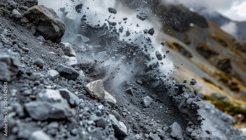 Grey mountain soil splash with rocky mineral particles exploding against dark background