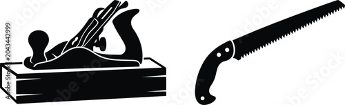 Tableau sur toile Chainsaw Icon on Wooden Plank with Protective Kickback Shield, Flat Vector Graph