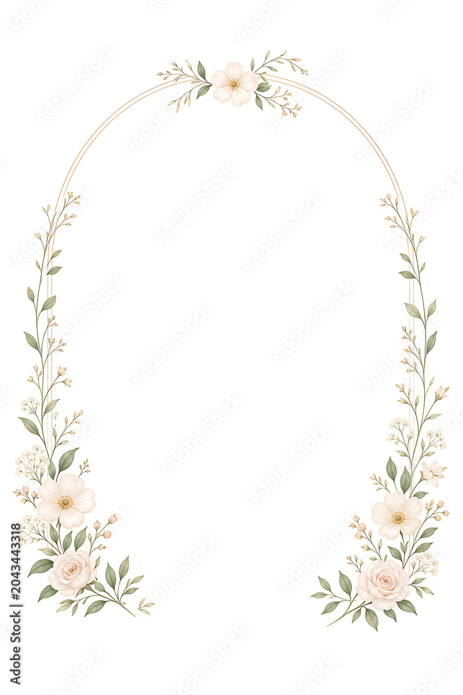 Fototapeta premium A beautiful floral wreath with flowers and leaves on a white background.