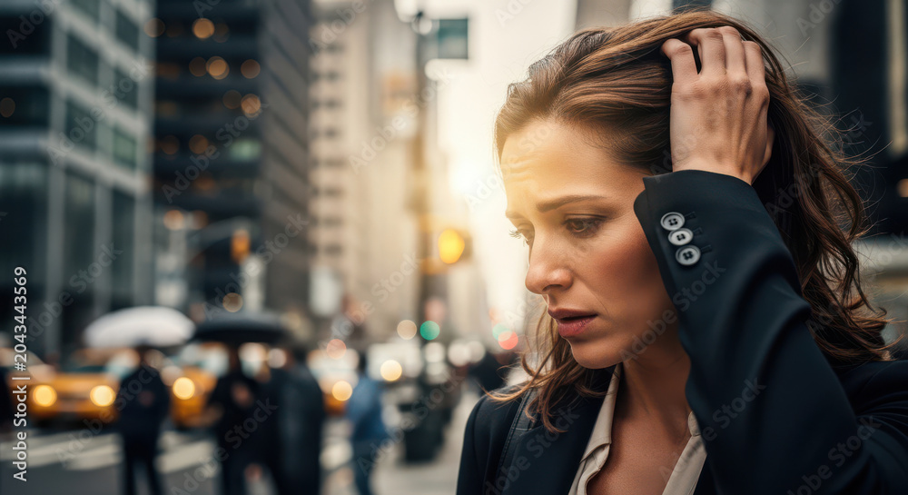 Fototapeta premium Stressed businesswoman in a busy city street