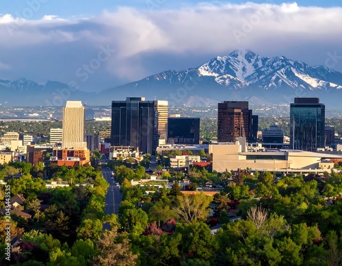 Modern Downtown Skyline Beneath Snow Capped Mountains at Sunset