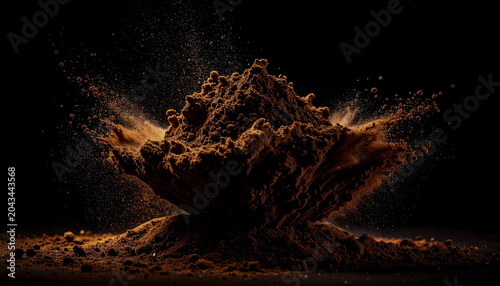 Macro shot of organic brown dirt bursting upward with detailed farming texture frozen mid air