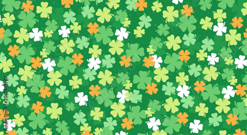 St Patrick Day seamless pattern with green orange and white shamrock clover leaves background