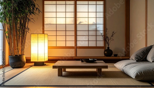 Fotografía Zen Japanese interior with tatami mats, shoji screens, and bamboo plant