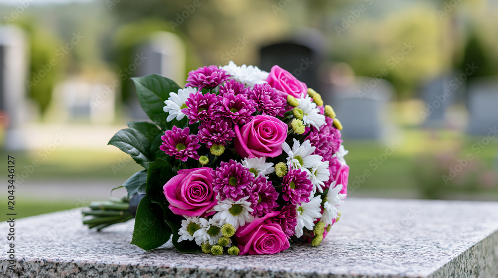 Fototapeta premium Colorful funeral bouquet of roses and flowers placed on a gravestone in cemetery with blurred crosses in background.