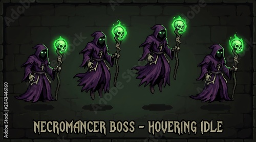 Dark necromancer boss character with glowing green skull magic staff