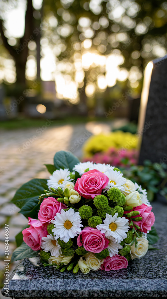 Fototapeta premium Colorful funeral bouquet of roses and flowers placed on a gravestone in cemetery with blurred crosses in background.