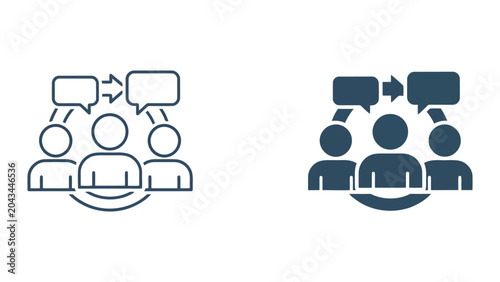 Three people icons with speech bubbles and arrows indicating communication and feedback loops in a professional flat vector illustration for business discussion and meeting concepts