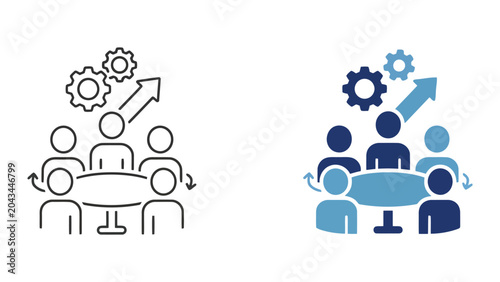 Team members in a meeting with gears and upward arrow icons representing organizational growth and strategic development in a professional flat vector illustration
