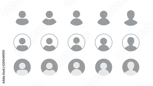Set of fifteen grey human silhouette icons in three rows on white background Keywords: icon, user, profile