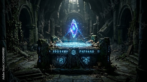 Glowing magical crystal hovering above an ancient stone altar pedestal