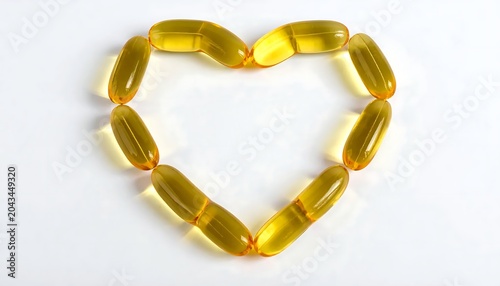 Golden Softgel Capsules Arranged in Heart Shape on White Background