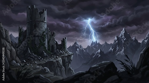 Ancient ruined stone castle tower standing on a dark mountain cliff