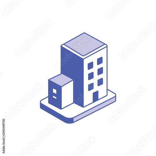 Isometric blue office building icon isolated on white background
