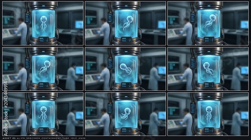 Small alien creature floating inside a glowing blue laboratory glass tube