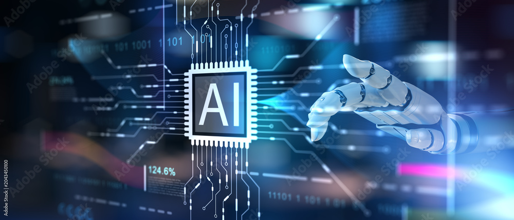 Fototapeta premium Advanced AI Processor Technology with Robotic Hand and Digital Neural Circuit Visualization.