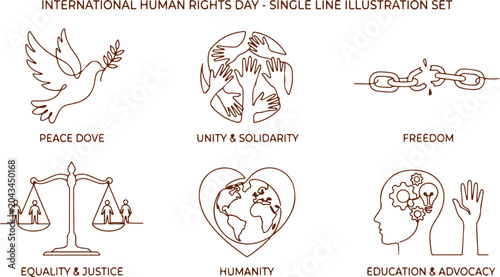 Foto International human rights day single line illustration set includes peace dove unity freedom
