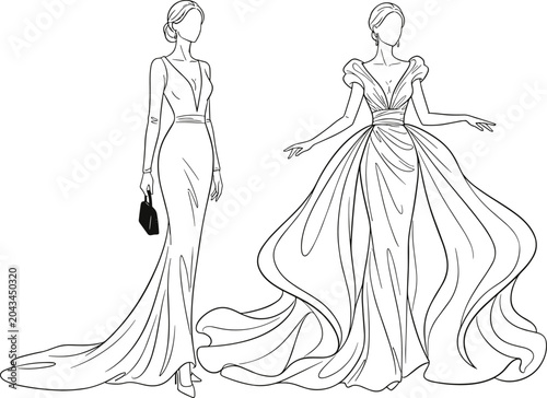Fotografie Line art illustration of two elegant women wearing long formal evening gowns and dresses, vector sketch for fashion design image_58b50a