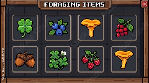 Pixel art inventory menu showing various collected forest foraging items