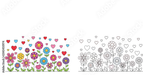 Cute Flowers and Hearts Coloring Page for Kids with Colorful Example and Black and White Line Art Illustration, Floral Vector Background for Education, Creativity and Summer Fun