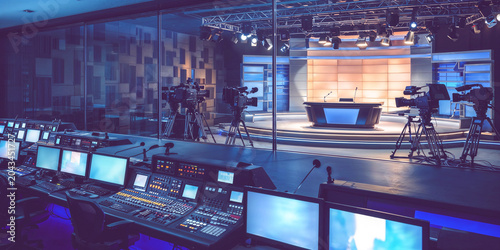 News studio production equipment control room desk